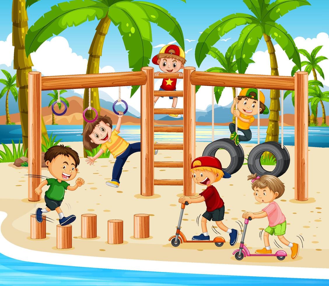 parque infantil en la playa con niños felices vector