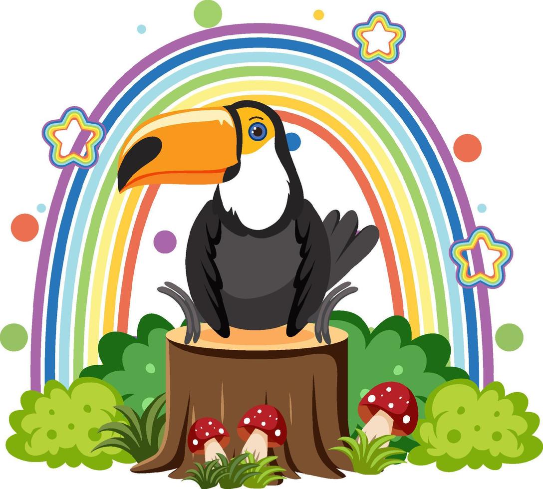 Cute toucan on stump in flat cartoon style vector