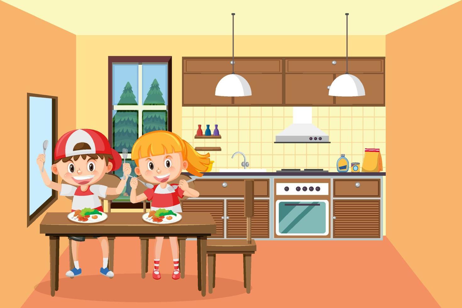 niños comiendo en la cocina vector