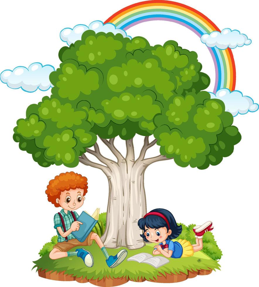 Children doing homework under the tree vector