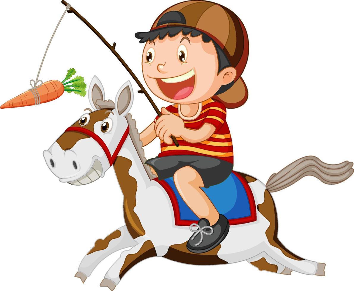 niño montando un caballo pescando una zanahoria vector