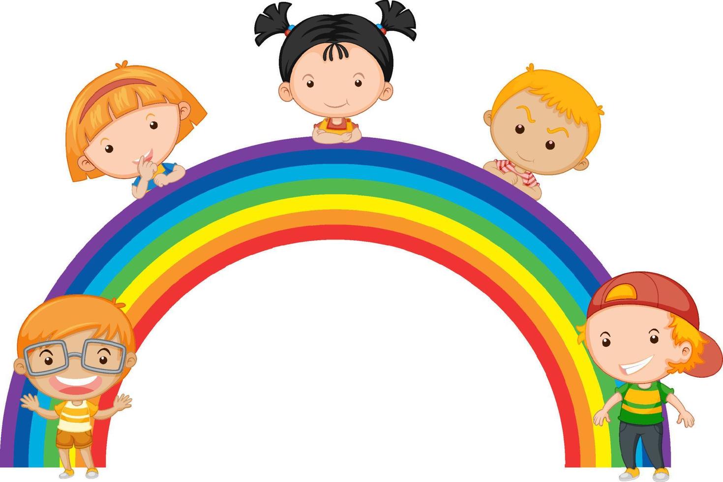 Children standing on rainbow together vector