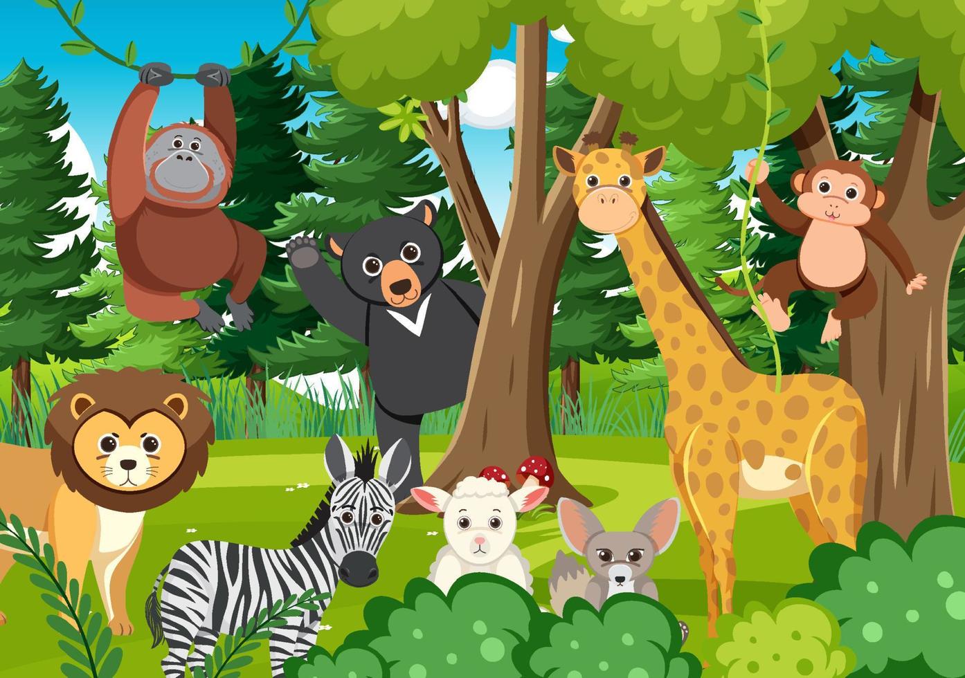 Cute wild animals in the forest vector