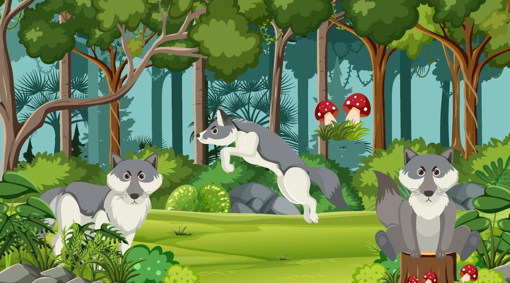 Wolfs group in the forest scene vector