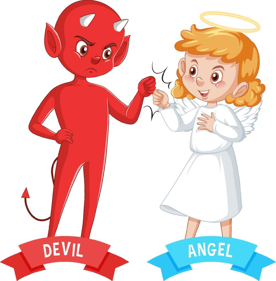 personaje de dibujos animados de diablo y ángel sobre fondo blanco vector