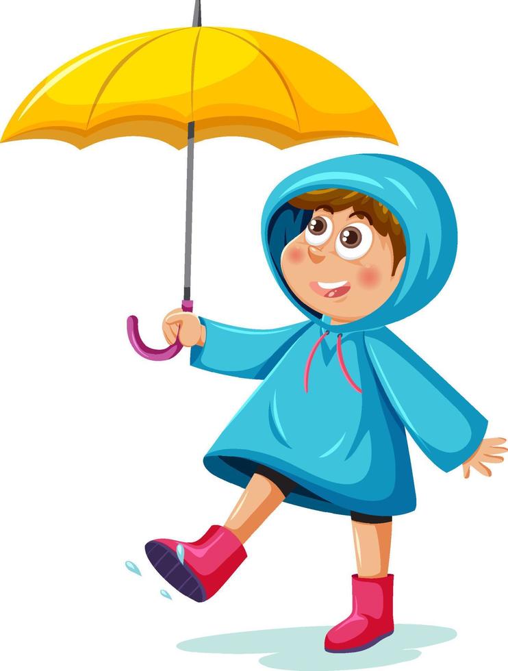 A boy wearing raincoat and holding umbrella vector