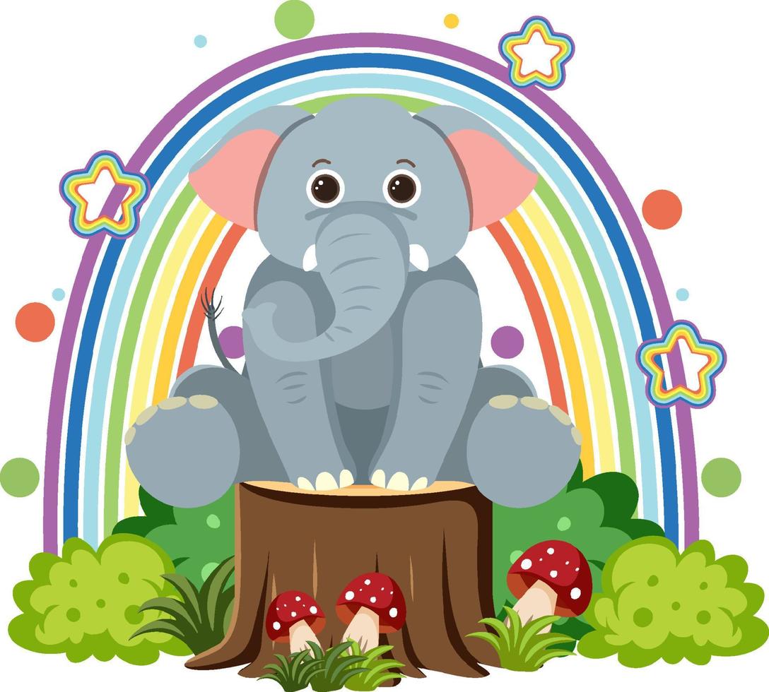 Cute elephant on stump in flat cartoon style vector