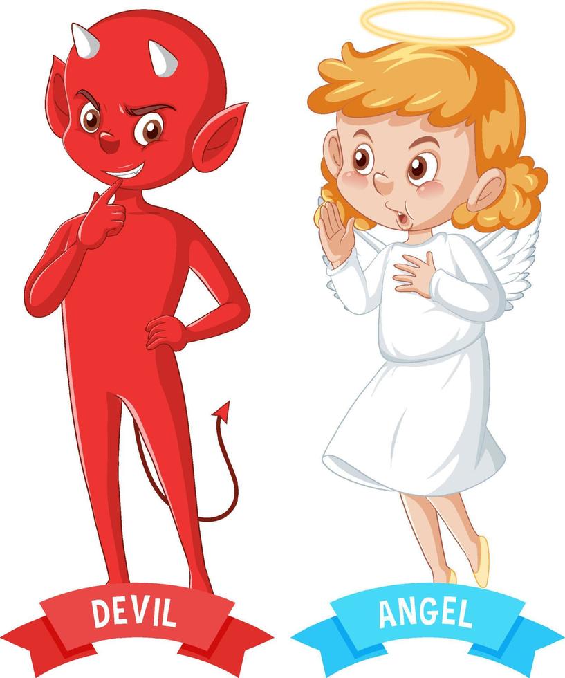 personaje de dibujos animados de diablo y ángel sobre fondo blanco vector