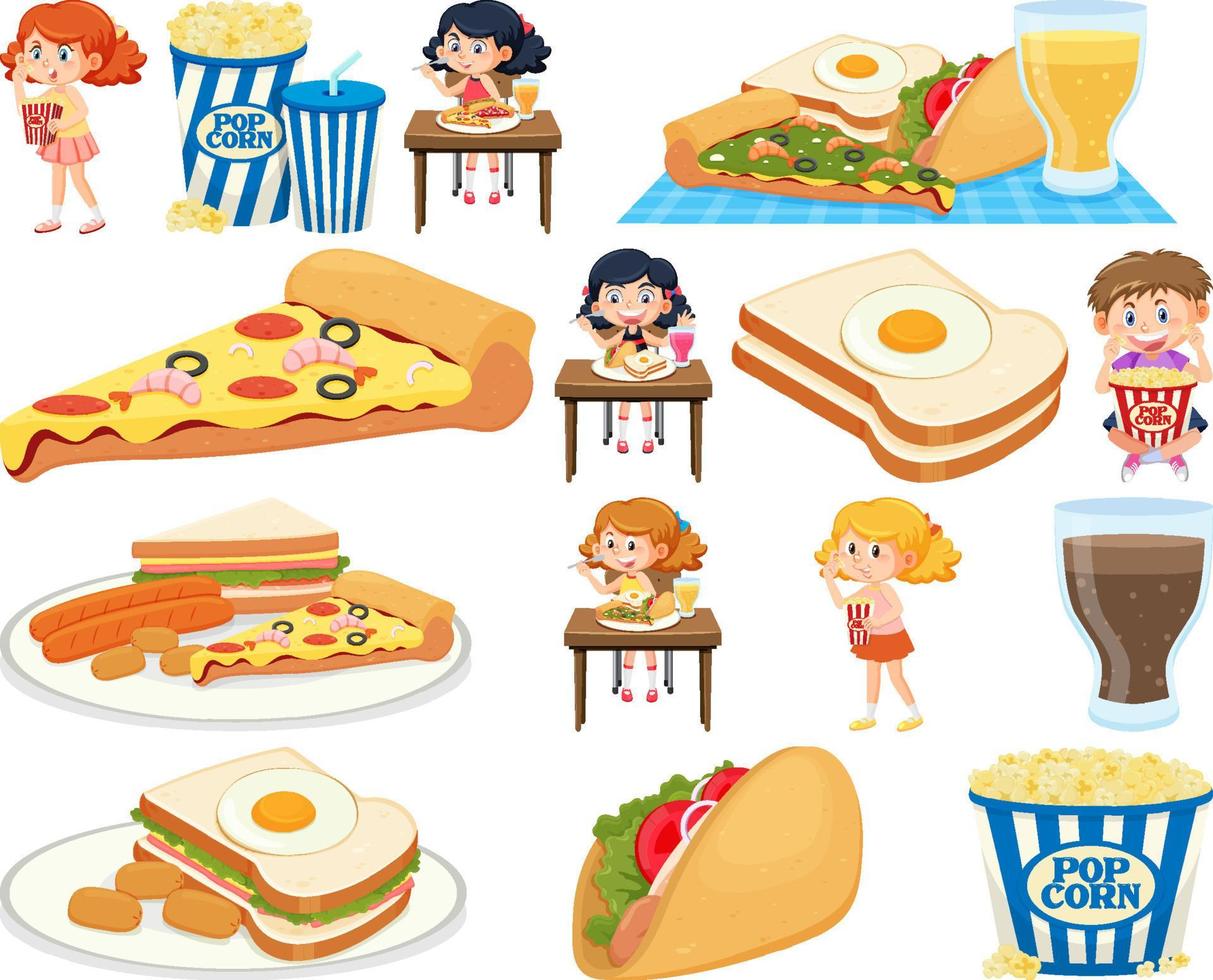 conjunto de diferentes comidas chatarra y niños vector