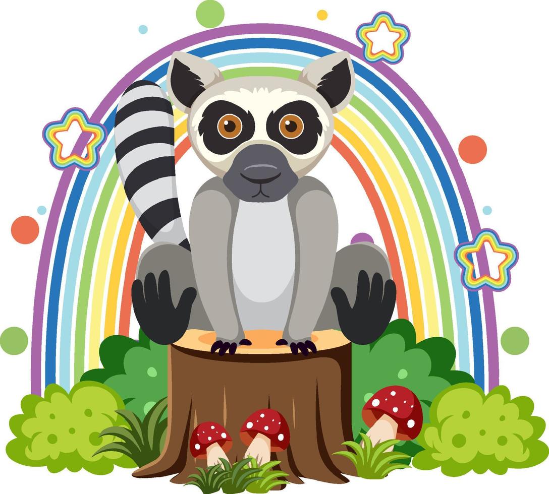 Cute lemur on stump in flat cartoon style vector