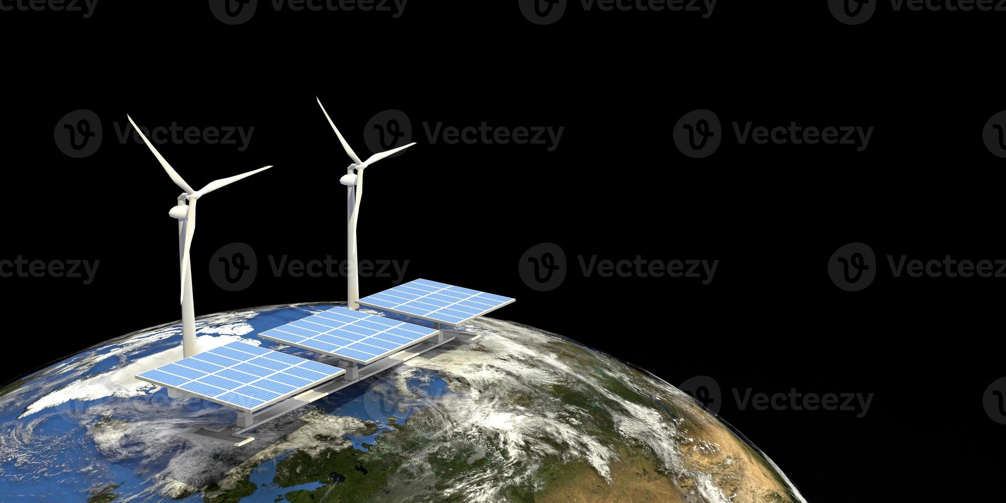 Earth world planet turbine windmill photovoltaic clean energy power solar ecology system natural environment save global pollution recycle sustainability innovation business technology.3d render photo