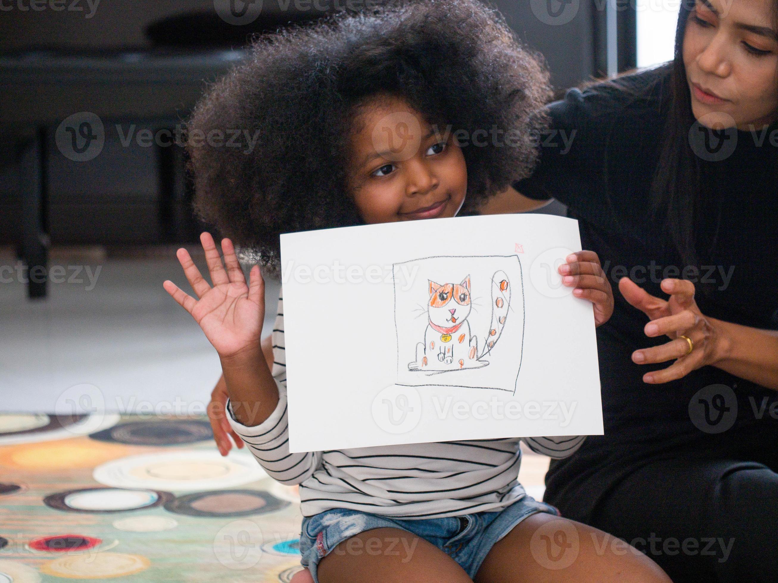 Kid child girl afro hair black person african beautiful is hand drawing art  education study classroom school and cheerful hi hello goodbye welcome  happy smile friendly funny enjoy lifestyle family 8619513 Stock
