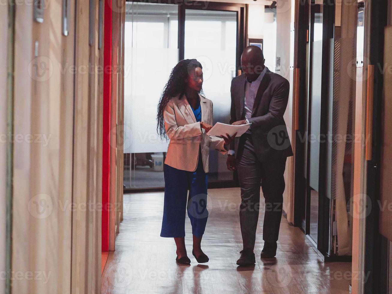 mujer de negocios hombre de negocios sudáfrica dos persona gerente interior empresa oficina hablar hablar lado caminar fuente vista documento información conectar estrategia corporativo asociación junto reunión conferencia foto