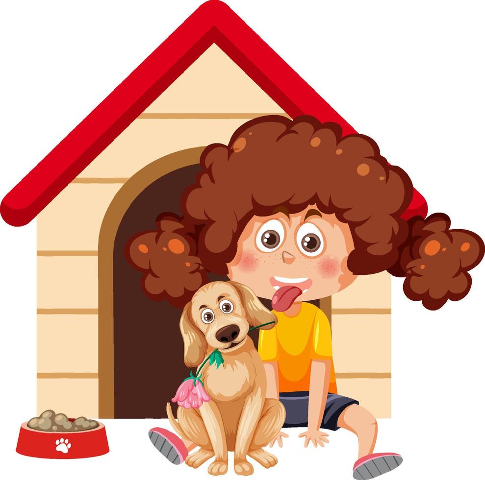 A girl with her dog and doghouse vector