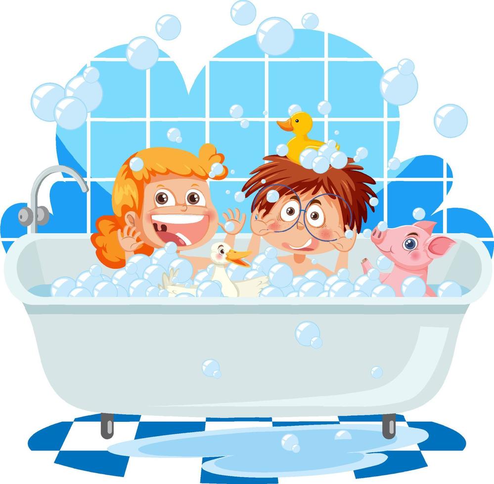 Kids playing bubbles in bathtub vector