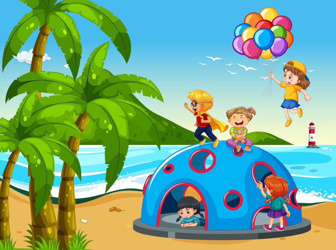 parque infantil en la playa con niños felices vector