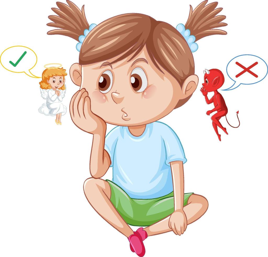 Cartoon character with devil and angel fighting in thought vector