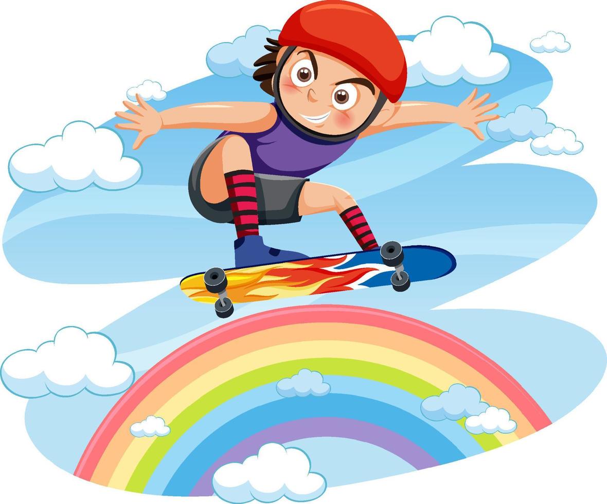 A girl playing skateboard on rainbow vector