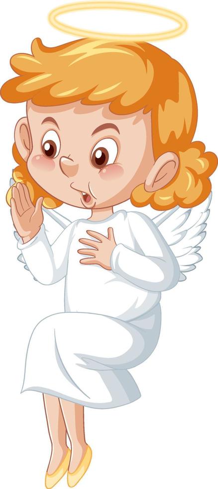 Cute angel cartoon character in white dress on white background vector