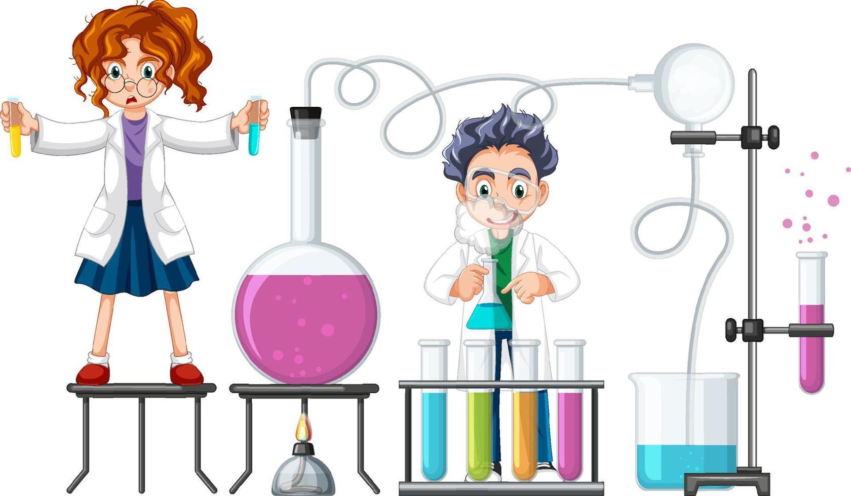 niño y niña haciendo experimentos científicos vector