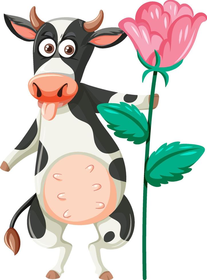 una vaca sosteniendo una flor de dibujos animados vector