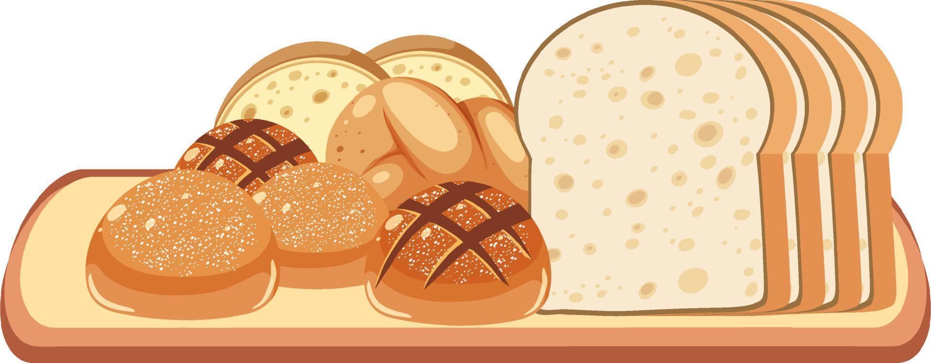 Different types of breads on wooden tray vector