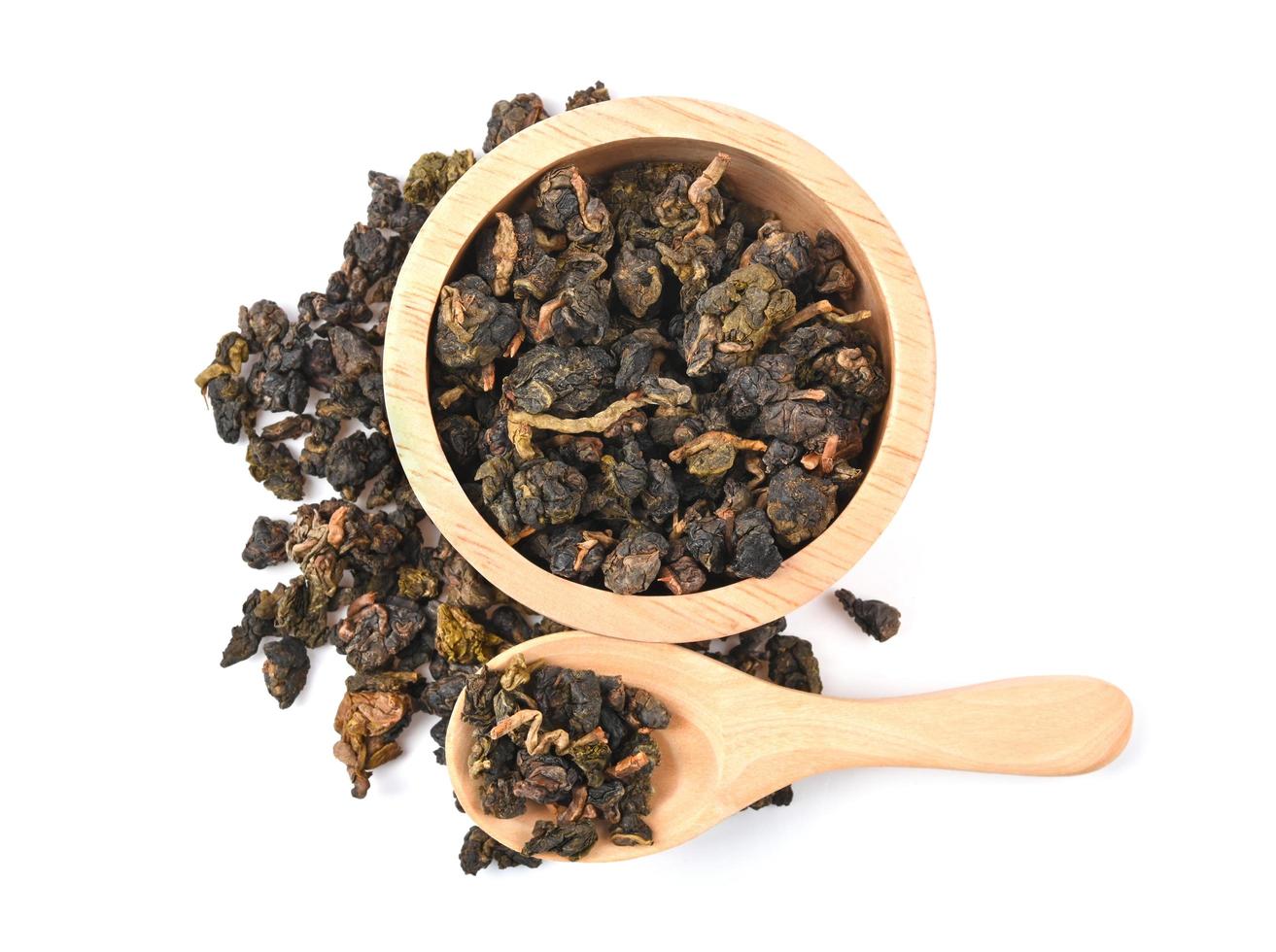 Chinese oolong tea isolated on white background. Top view photo