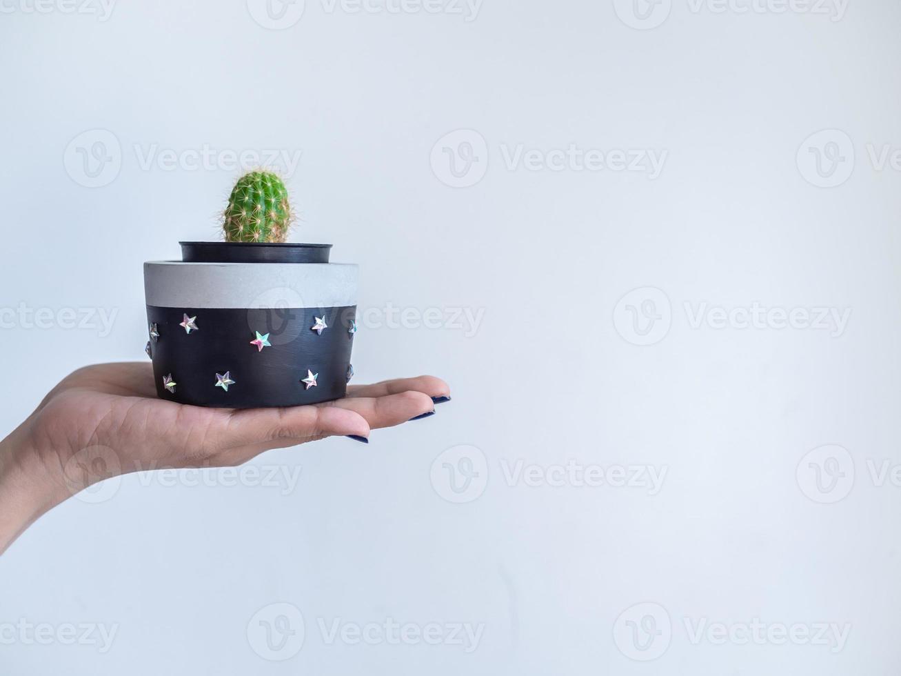 Hand showing black modern round concrete planter with green cactus plant. Painted concrete pot for home decoration photo