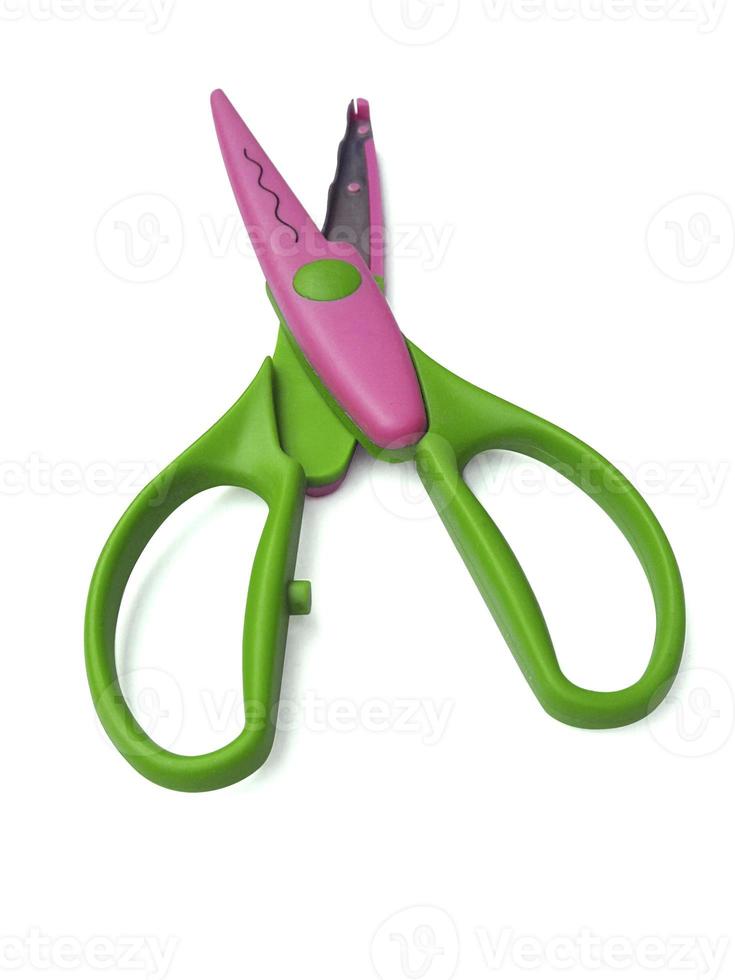 plastic open scissors isolated on a white background photo
