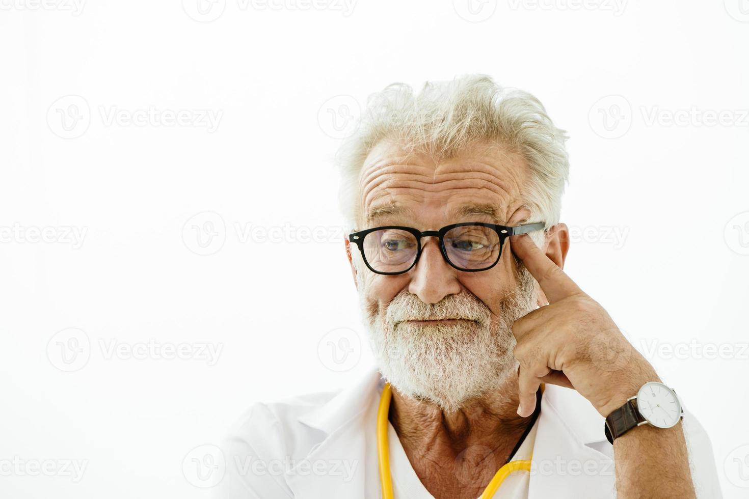 American elder gray hair stupid doctor boring nervous expression or sleepy eyes thinking mood. photo