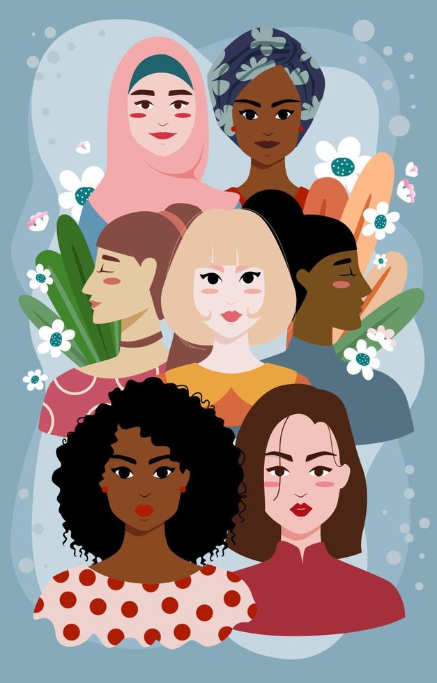 cartel colorido de mujer multirracial vector