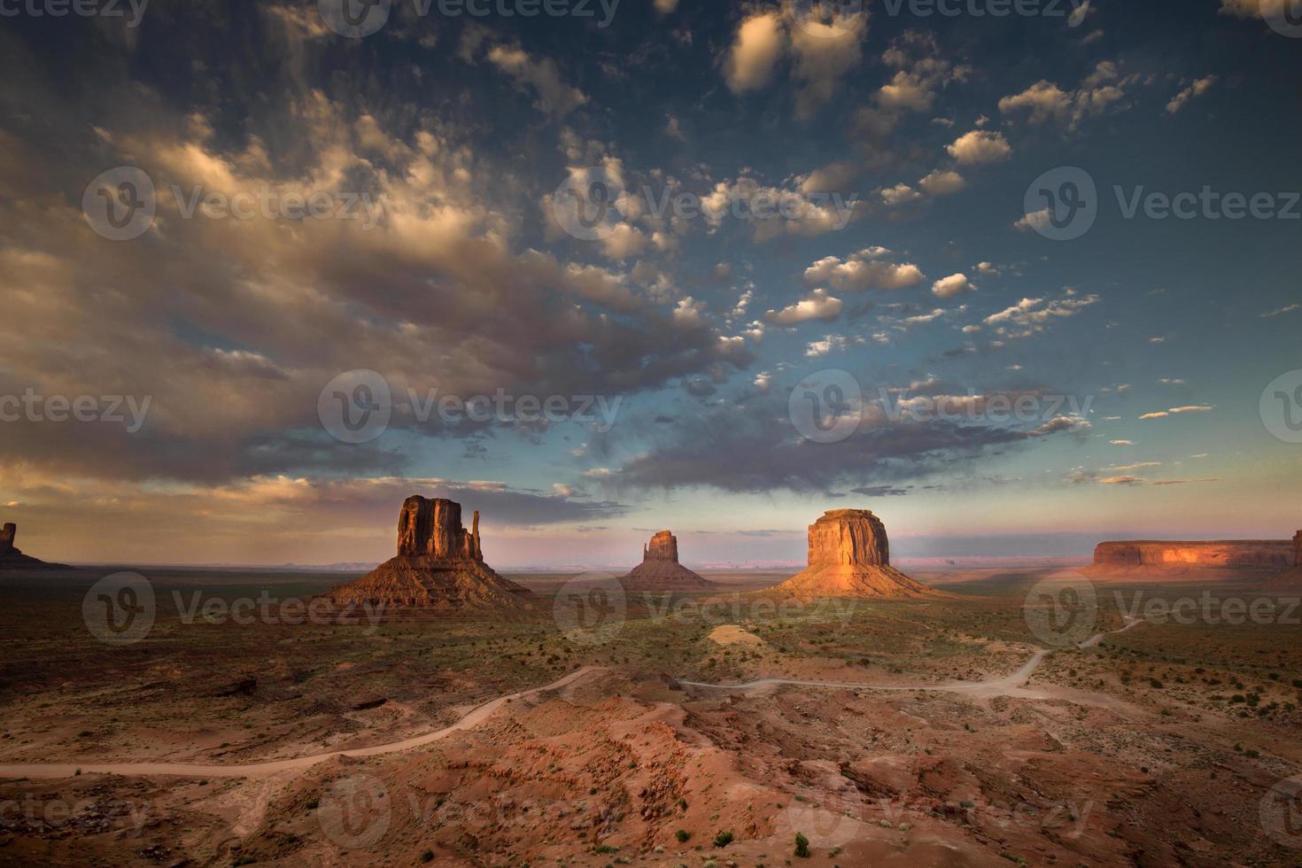 Sunset effect on Monument Valley, barren lands and deserts on the border between Arizona and Utah in United States Of America photo