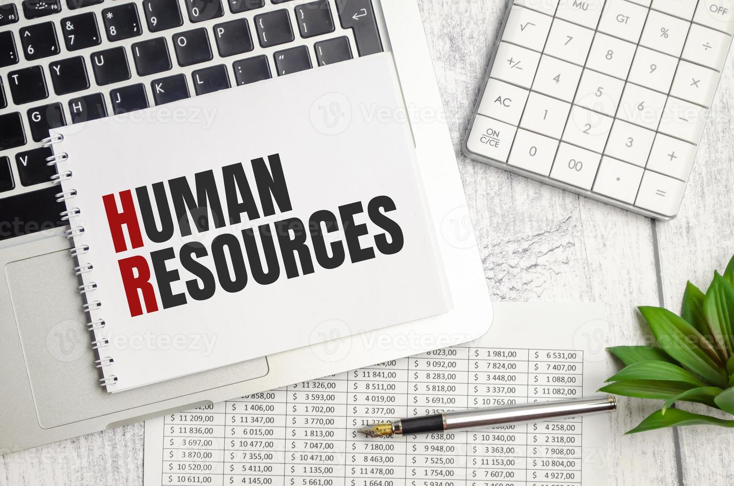 human resources . text on white paper and laptop on wooden background photo