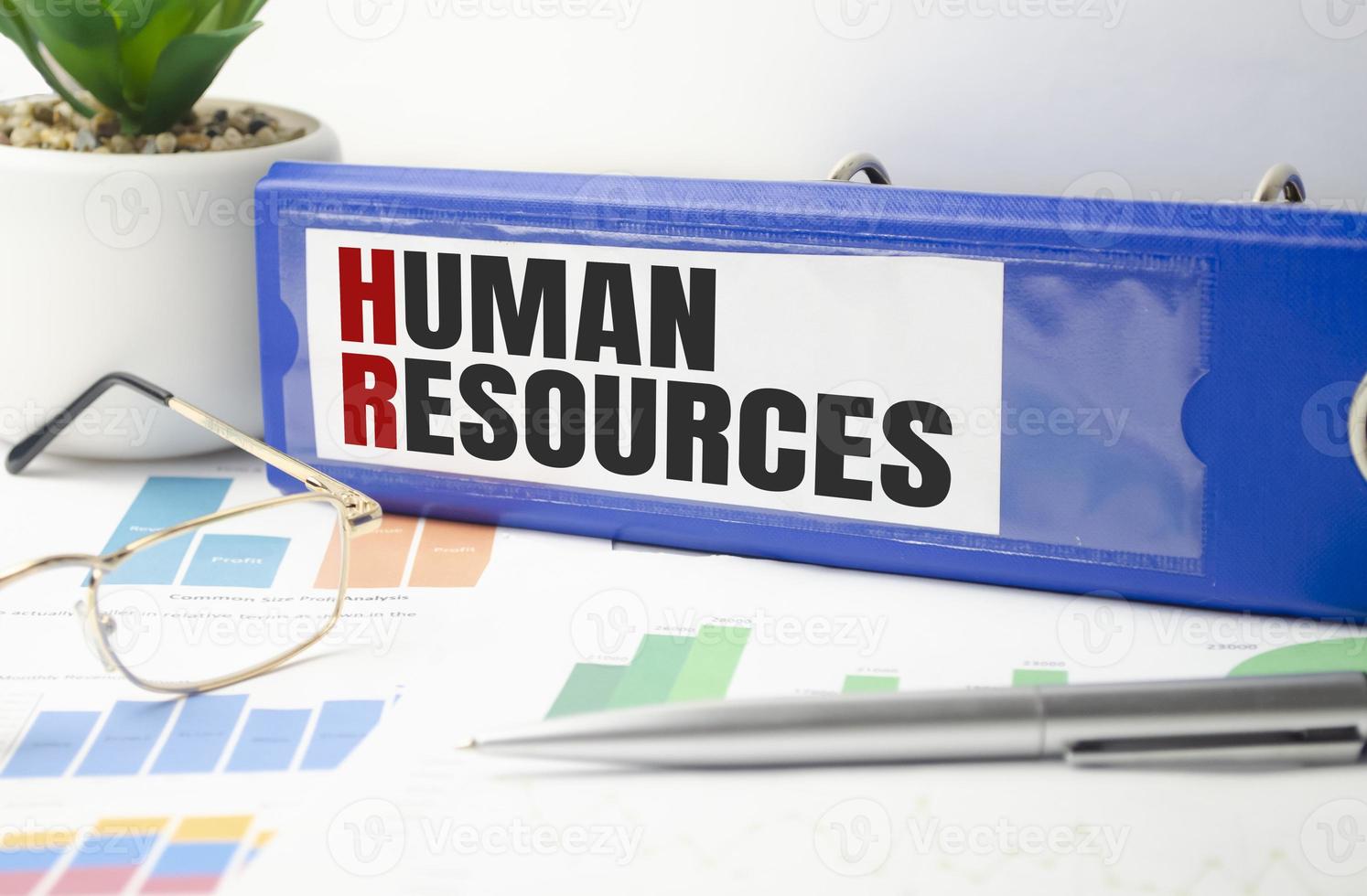 human resources text written on folder with documents photo