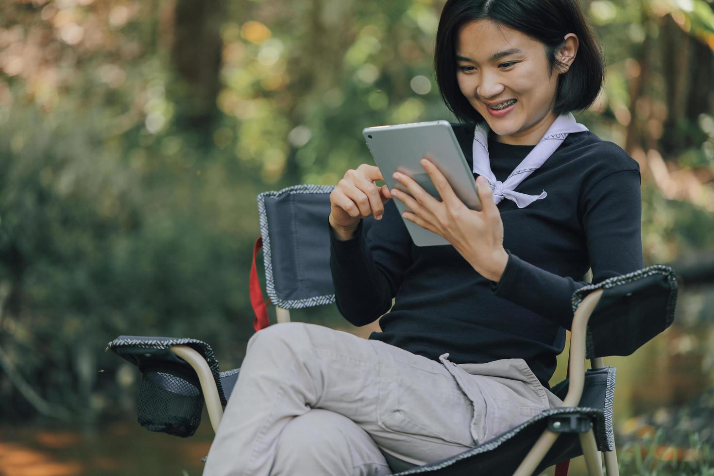 happy woman with wireless headset photo