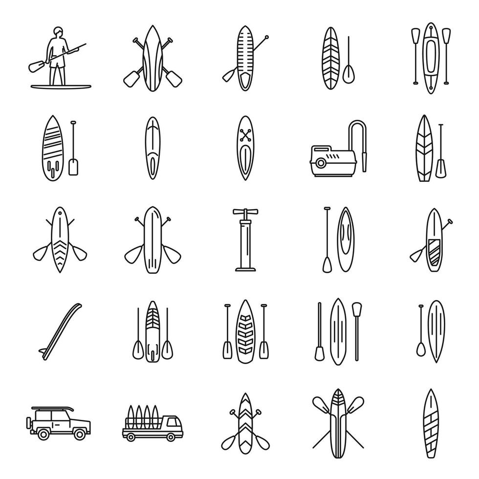 Sup surfing icons set outline vector. Surf board vector