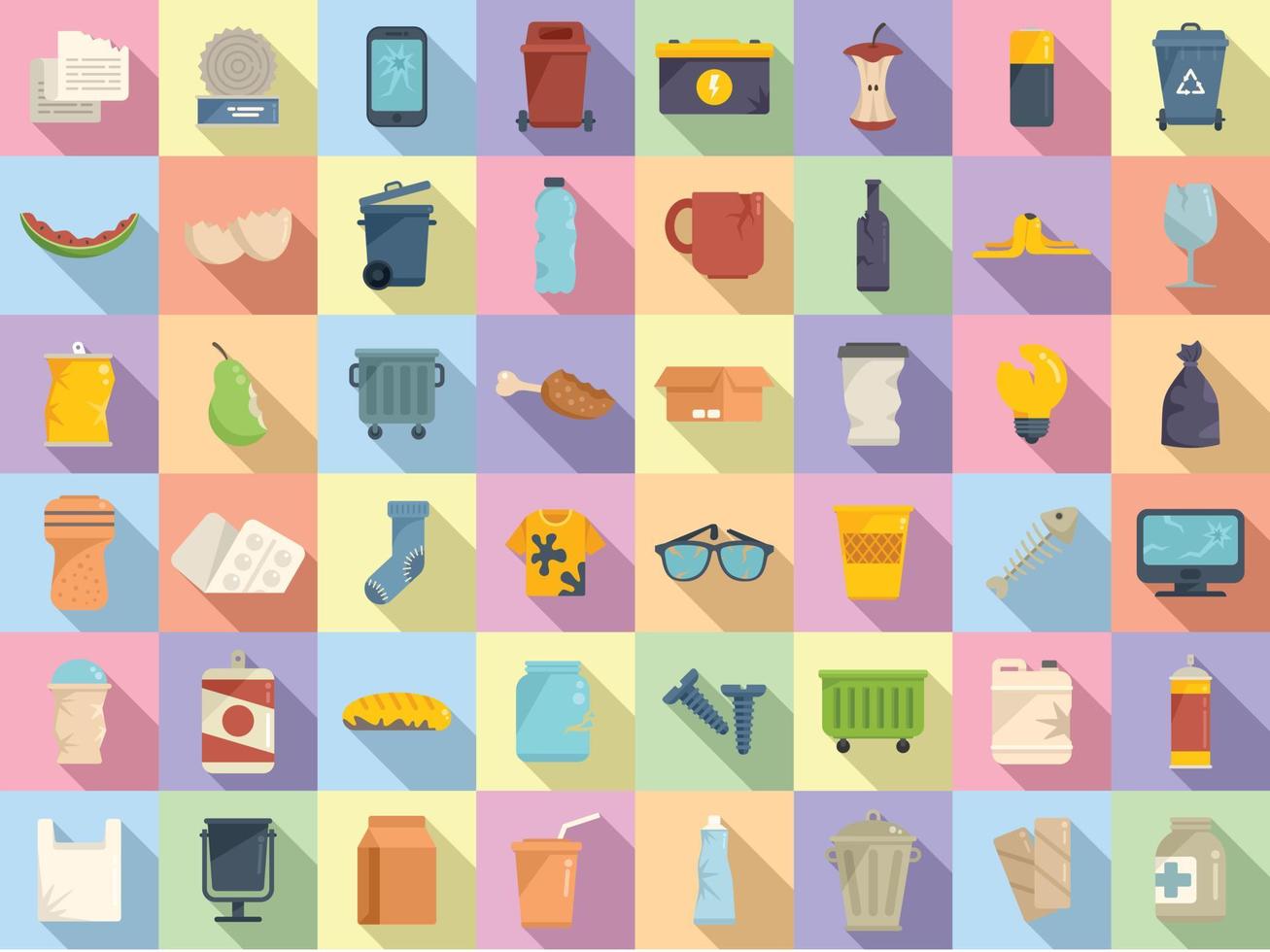 iconos de residuos establecer vector plano. comida basura