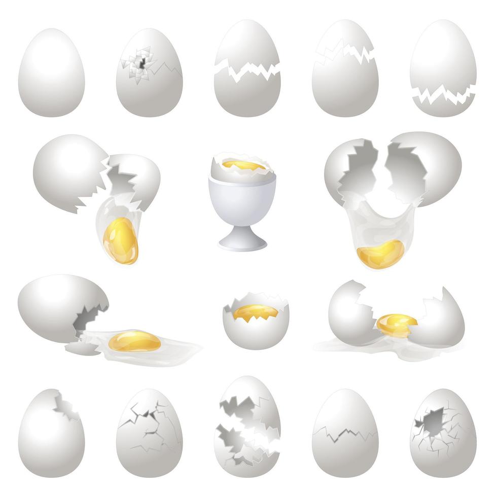 iconos de cáscara de huevo establecer vector de dibujos animados. huevo roto