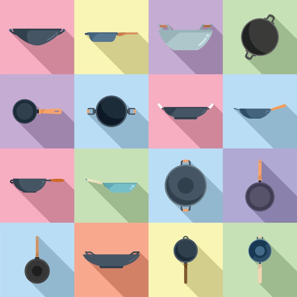 Wok frying pan icons set flat vector. Meat tools vector