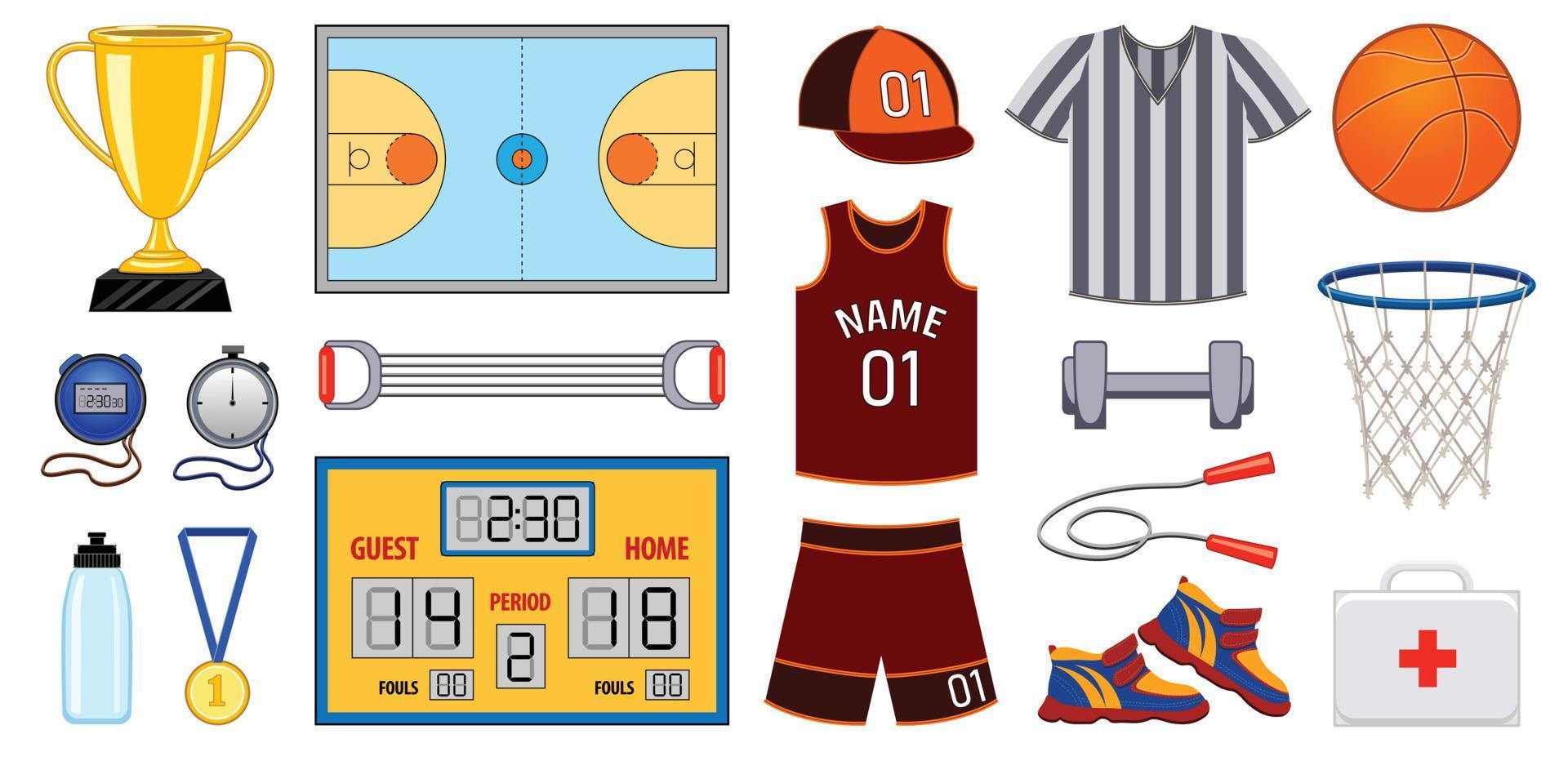 Basketball equipment icons set cartoon vector. Sport gym vector