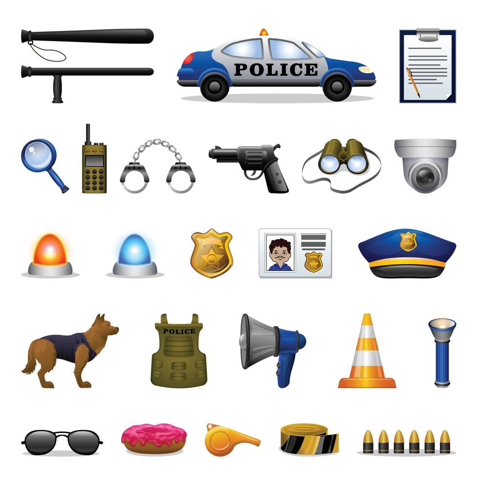 Police equipment icons set cartoon vector. Handcuff tech vector