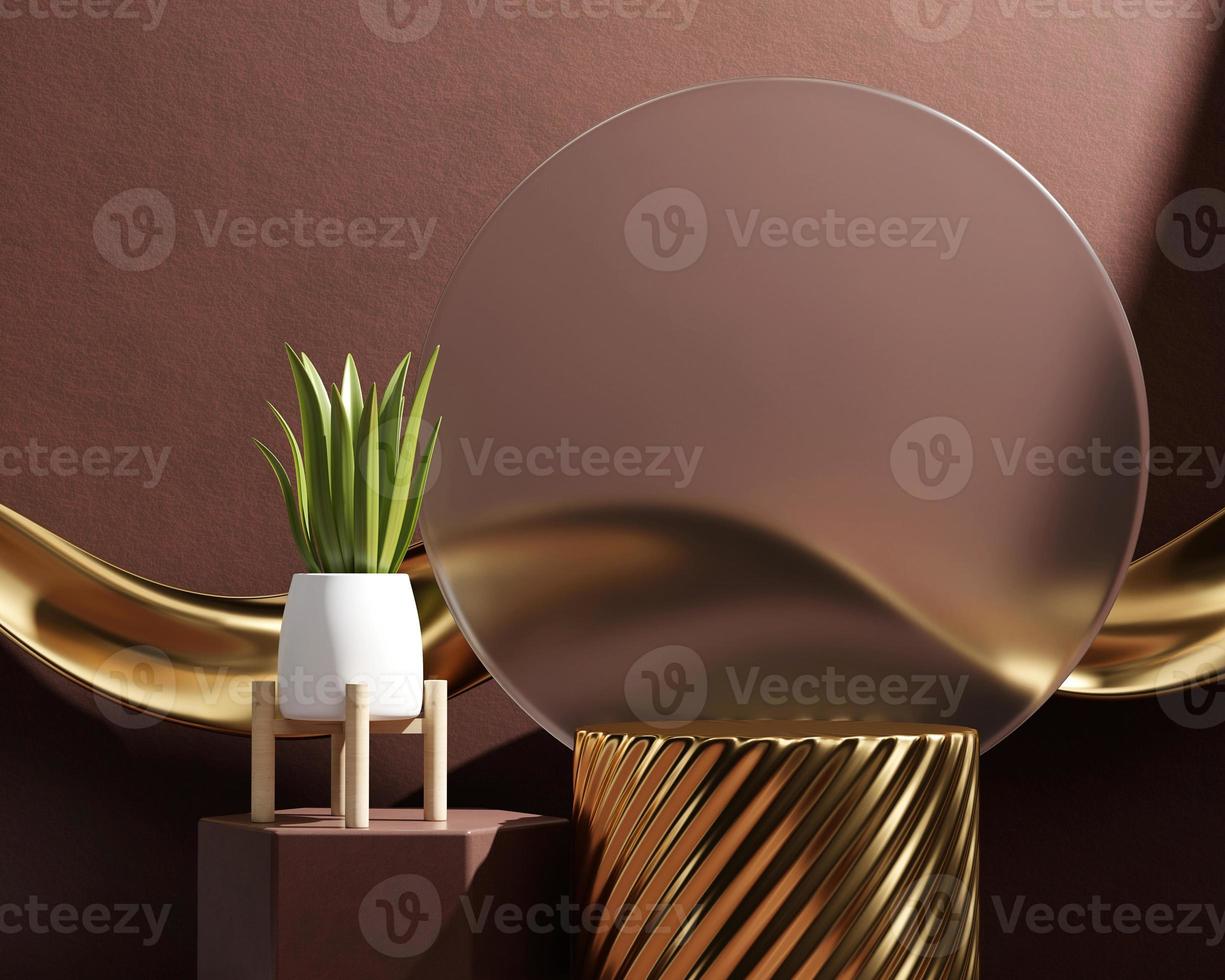 3D rendering gold platform podium with plant product presentation background photo