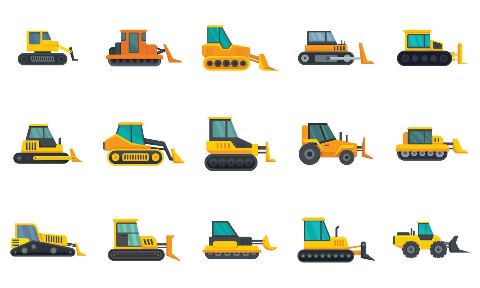 Bulldozer icons set flat vector isolated