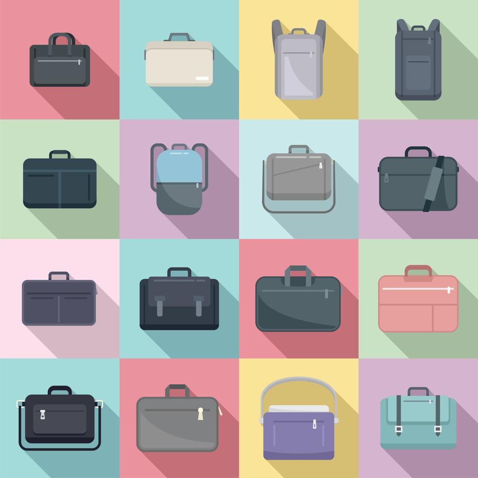 Laptop bag icons set flat vector. Computer case vector
