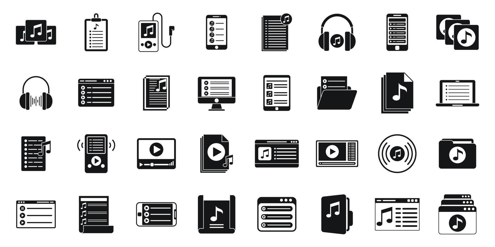 Music playlist icons set simple vector. Group listening vector