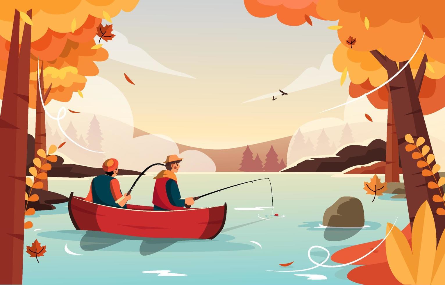 Fishing Activity in Autumn Lake Background vector