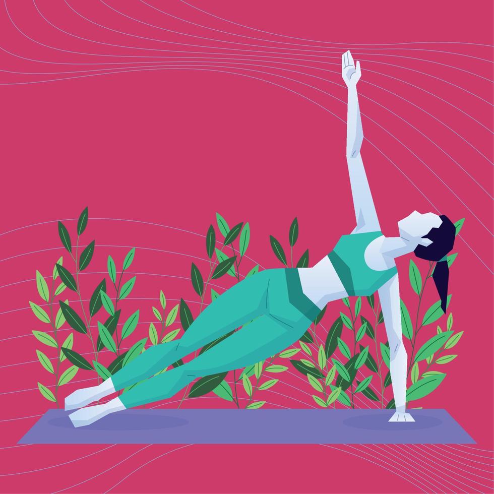 Abstract girl character doing yoga exercises on natural environment Vector