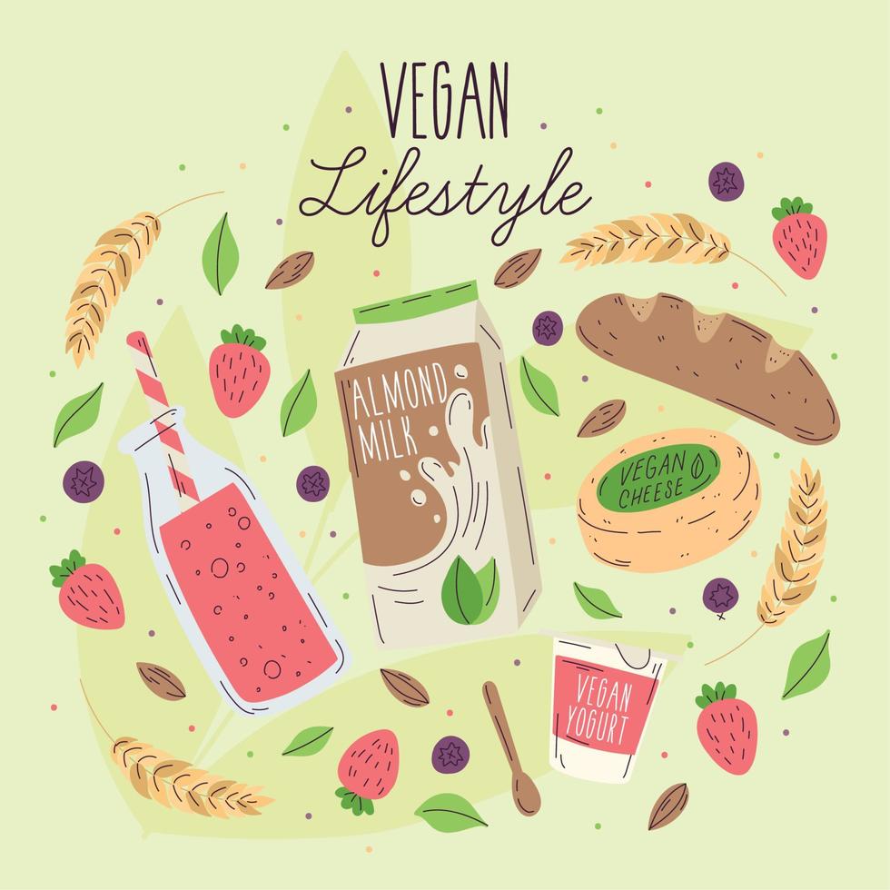 productos veganos y bebidas como la leche de almendras en un vector de estilo de vida vegano de fondo coloreado