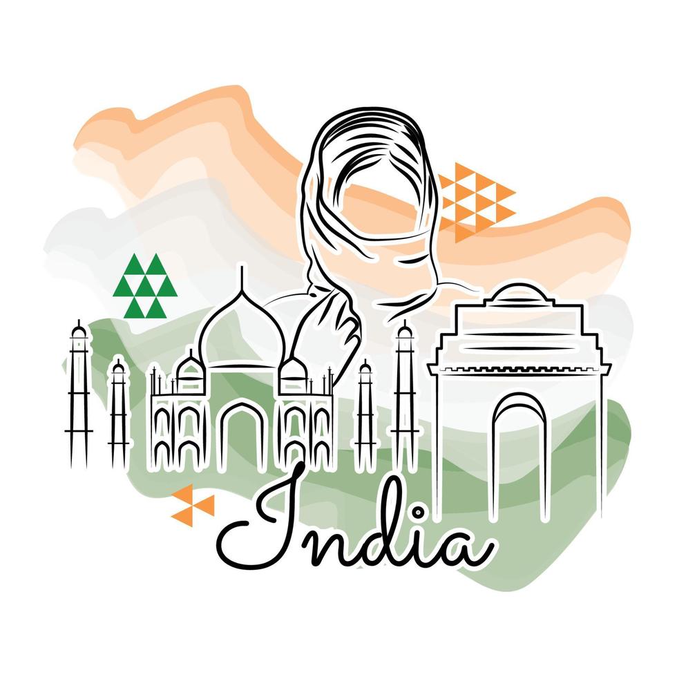 Colored india travel promotion with taj mahal building and a girl Vector