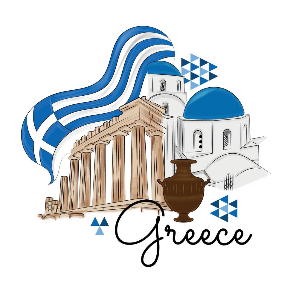 Colored greece travel promotion with Santorini buildings and temples Vector